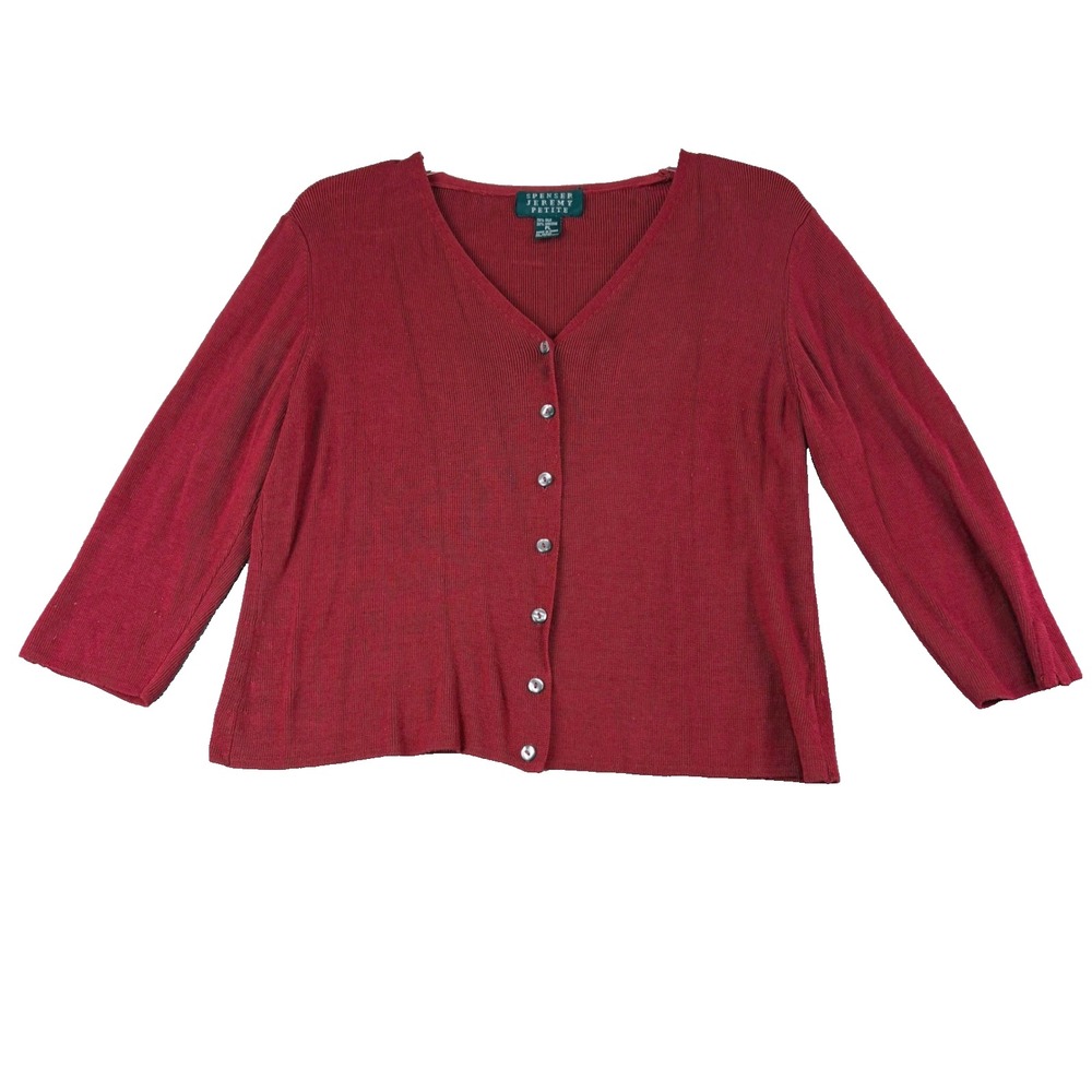 Spenser Jeremy PL Red Silk Blend Ribbed Cardigan V-Neck 3/4 Sleeve Sweater